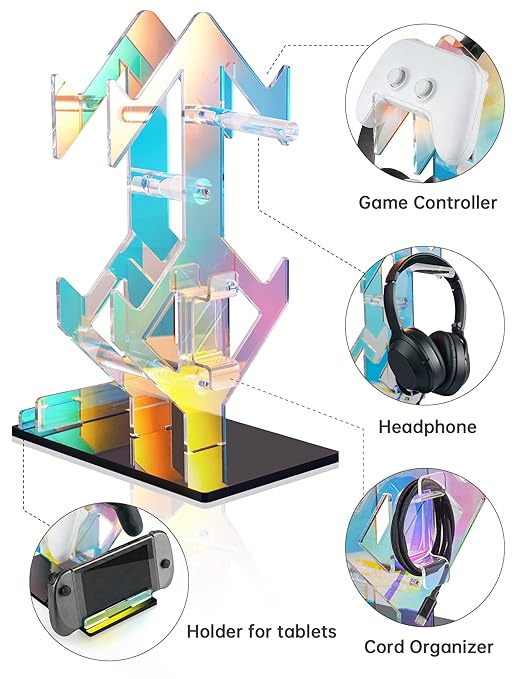 NiHome Iridescent Acrylic 2-Tier Universal Game Controller Headset Holder Rack, Modern Storage Organizer for PS5 Xbox ONE Switch Game Controllers and Headphones Anti-Slip Stable Gaming Accessory Stand