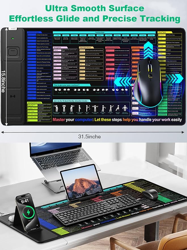 Mouse Pad with Foldable Phone Holder, Wireless Charging Desk Mat 31.5x15.75 Mousepad with Superior Micro-Weave Cloth Non-Slip Waterproof Desk Pad (Office Shortcut)