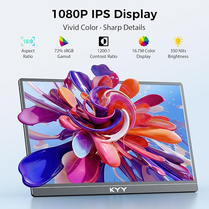 KYY Portable Monitor for Laptop,15.6'' Computer Screen Extender 1080P USB-C HDMI Laptop Display Built-in Stand & Dual Speakers, External HDR Display, Travel Monitor for PC MAC Phone Xbox PS4/5 Switch