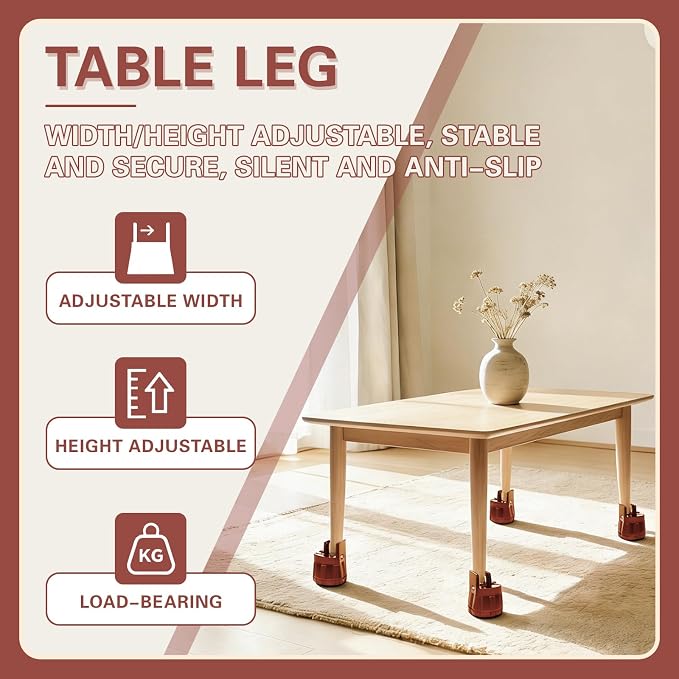 Adjustable Furniture Risers,Heavy Duty Bed Risers, 2.36 in to 3.15 in Leg Lifts with Clamp Design, Heavy Duty Clamp On Levelers for Chair Table Sofa Cabinet Legs (Brown)
