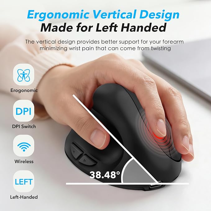 Left Handed Ergonomic Mouse Jiggler,Vertical Wireless & Rechargeable,2.4G USB Carpal Tunnel Lefty Mice with Undetectable Random Movement Keeps PC Laptop Awake-Black