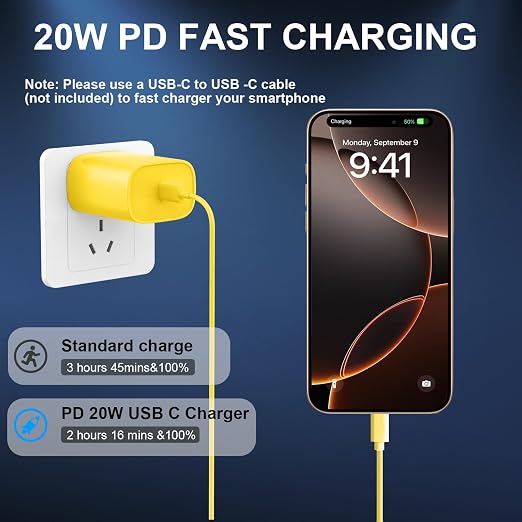 Phone 17 16 15 Charger Fast Charging Type C Chargers USB C Fast Charger Block & Phones 17 Charger Cord 10FT Long USB C Charging Cable for i.Phone 17/17 Pro/17 Pro Max/Air/Phone 16 15 Pro Max,Yellow