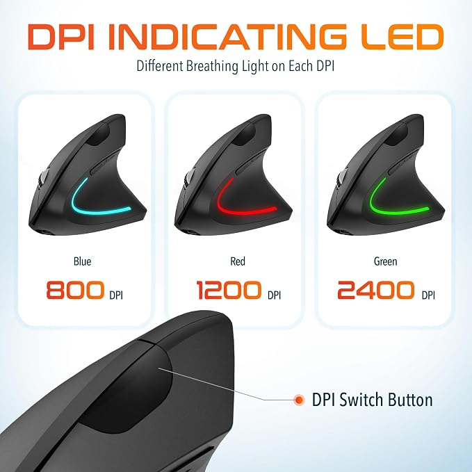 Delton Ergonomic Vertical Rechargeable Wireless Mouse with Auto Pair USB Dongle, 6 Buttons, 3 Adjustable DPI Levels (800/1200/2400), Compatible for PC, Laptop, Mac, Chromebook - Black