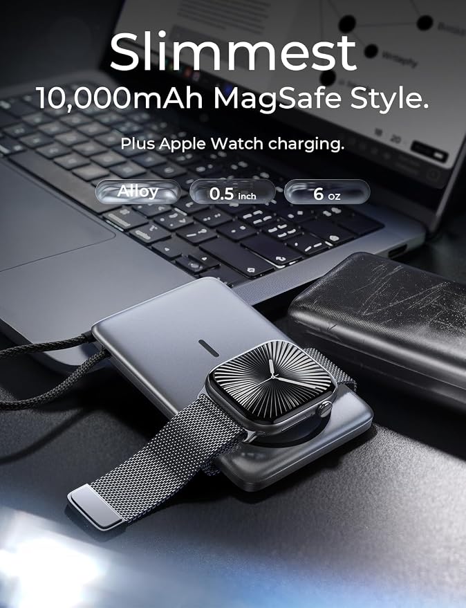 LISEN 0.5'' Ultra Slim MagSafe Power Bank for iPhone and Apple Watch,10000mAh MagSafe Battery Pack,Alloy Magnetic Portable Charger for iPhone 16 Pro Max Plus/15, Apple Watch S11 /S10 S9 SE，Grey
