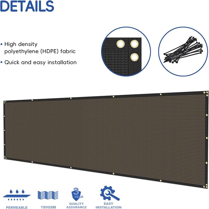 Bynbbur 6'x132' Privacy Fence Screen Net Fencing 90% Privacy Blockage Windscreen Fence Cover with Copper Grommet for Patio Backyard Garden Swimming Pool, Zip Ties Included, Brown