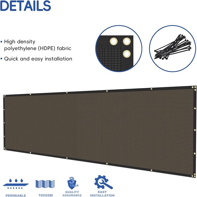 Bynbbur 6'x190' Privacy Fence Screen Net Fencing 90% Privacy Blockage Windscreen Fence Cover with Copper Grommet for Patio Backyard Garden Swimming Pool, Zip Ties Included, Brown