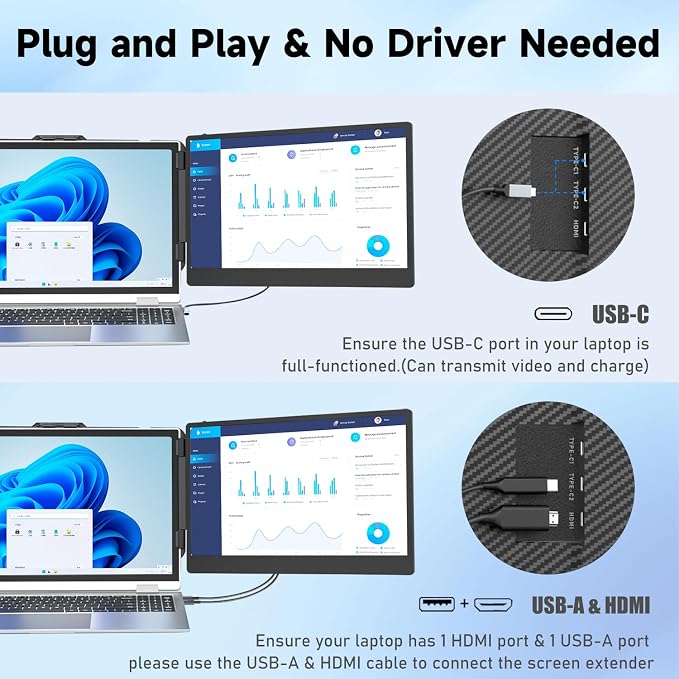 KEFEYA Laptop Screen Extender, 14" Portable Monitor for Laptops 13-17", 1080P FHD IPS Monitor Extender for Laptop with USB-C/HDMI Port, Plug n Play for Windows/Chrome/Mac/Switch/PS5