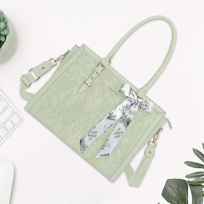 MOSISO Laptop Bag for Women, 17-17.3 inch PU Leather Tote Bag Compatible with MacBook, HP, Dell, Asus Notebook, Front Embossed Retro Hibiscus Computer Bags with Silk Scarf&Clutch Purse, Sage Green