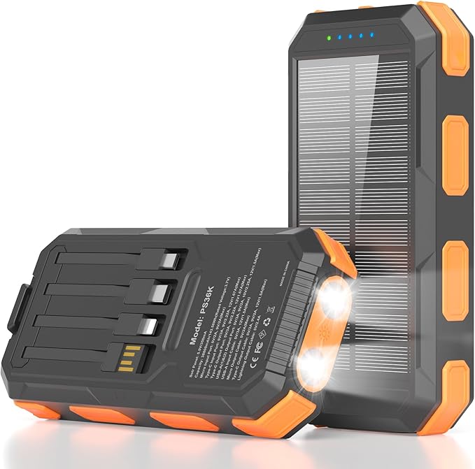 Solar Charger Power Bank 38800mAh, 22.5W USB-C Fast Charging Portable Charger with 4 Built-in Cables, External Battery Pack with Dual LED Emergency Flashlights for Camping, Hiking, Outdoor Use