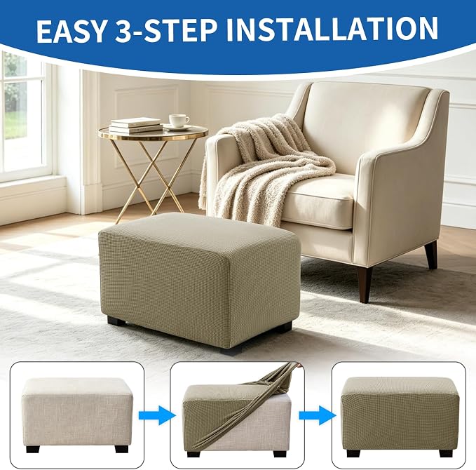 Ottoman Covers Ottoman Slipcovers Folding Storage Stool Washable Furniture Protector,Elastic Foot Stool Foot Rest Protector for Living Room Bedroom,Large,Khaki