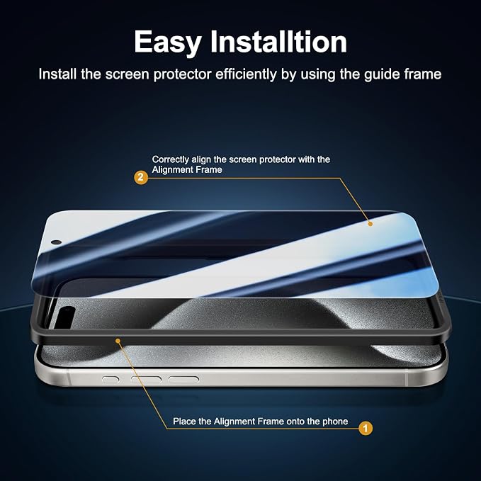 NEW'C 3x Privacy for iPhone 15 Pro Max Screen Protector (6.7 inches)+ 3x Camera Lens Protector, Sensor Protection, Case Friendly Tempered Glass Film + Dust Plug - Easy installation tool included