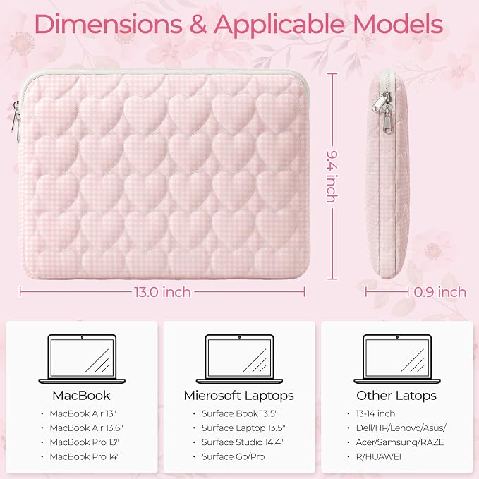 13-14 inch Cotton Quilted Laptop Sleeve for Women, Aesthetic Puffy Laptop Case Carrying Bag Compatible with MacBook Air/Pro 13/Pro 14, Soft Computer Liner Bag (Pink Gingham, 13.3inch)