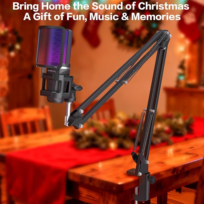 ZealSound Podcast Microphone, USB Mic with Noise Cancellation, Volume & Mute Control, RGB Light, Zero-Latency Monitoring, Gaming Microphones with Boom Arm & Tripod Stand for PC Mac iPhone and Android