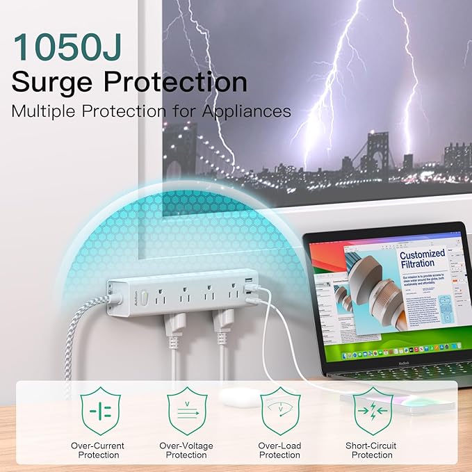 Addtam Power Strip Surge Protector with 12 AC Outlets & 4 USB Ports, 25FT Extra Long Extension Cord, Flat Plug Wall Mount, 1050J, Outlet Extender for Garage Workshop Basement Office, ETL Listed, White