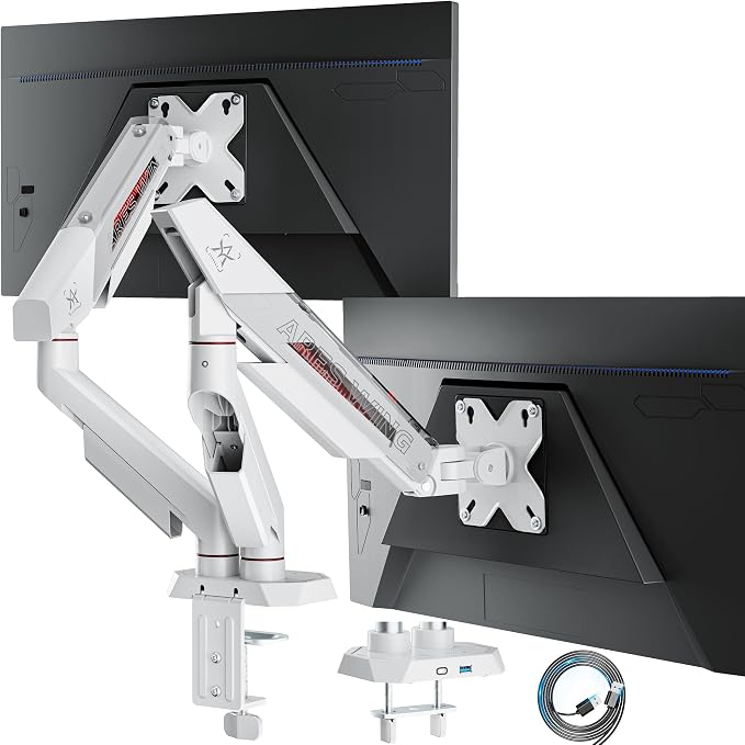 ARES WING Heavy Duty Dual Monitor Arm, Fully Adjustable Monitor Mount for 17-35 Inch Flat Curved Ultrawide Screens Up to 26.5lbs with USB A/C, C-Clamp & Grommet Base, 75/100 Vesa Mount, White