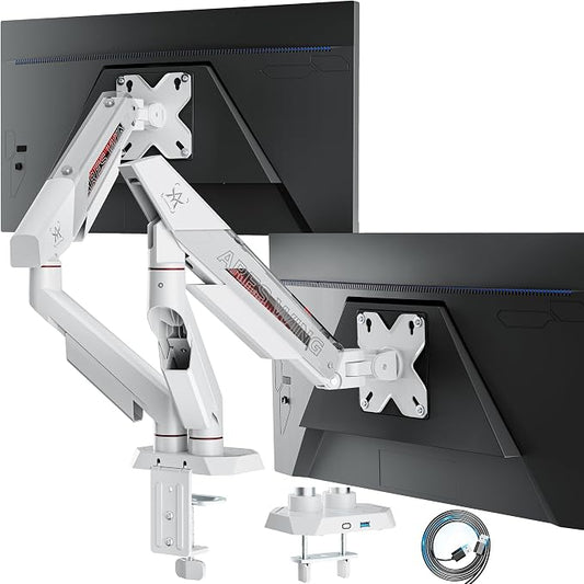 ARES WING Heavy Duty Dual Monitor Arm, Fully Adjustable Monitor Mount for 17-35 Inch Flat Curved Ultrawide Screens Up to 26.5lbs with USB A/C, C-Clamp & Grommet Base, 75/100 Vesa Mount, White