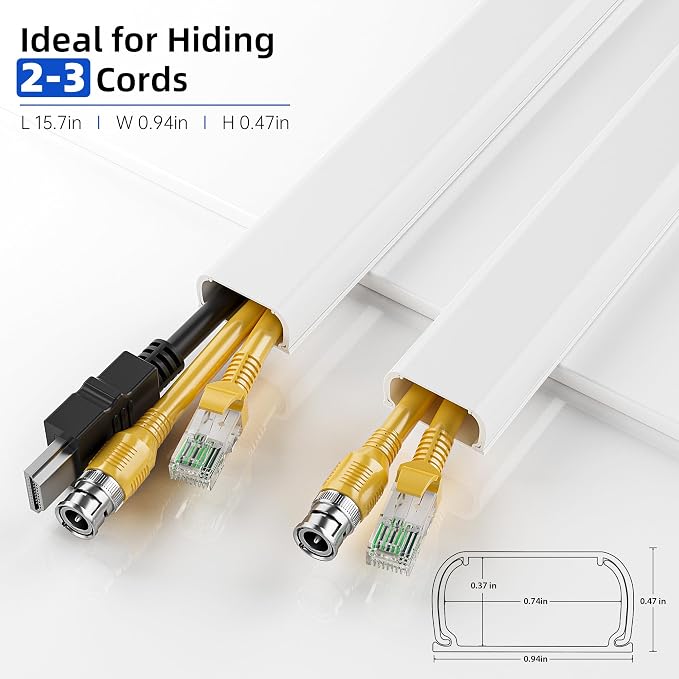 Delamu Cord Hider Cover, 142in TV Cable Concealer Kit for Wall Mounted TV with Management 2-3 Wires, Paintable Cable Cover for Floor, Easy Install, W 0.94 H 0.47in, White