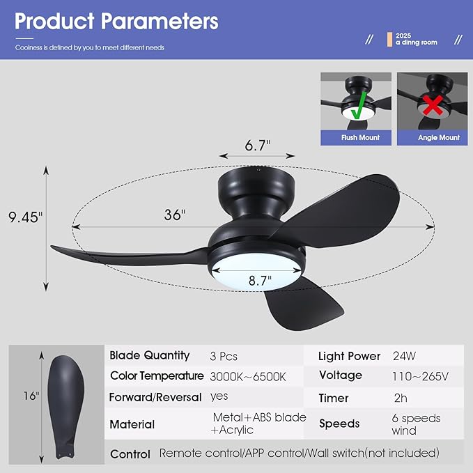 Kviflon 36 Inch Flush Mount Ceiling Fan with Light, 3 Reversible Blades, Remote & APP Control, 3 CCT Dimmable for Bedroom Living Room, Black