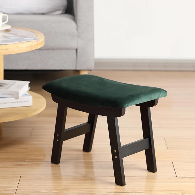 BAMBOO LAND- Bamboo Foot Stools Ottoman, Green Cushion & Black Wood Legs, Small Ottoman Foot Rest for Couch