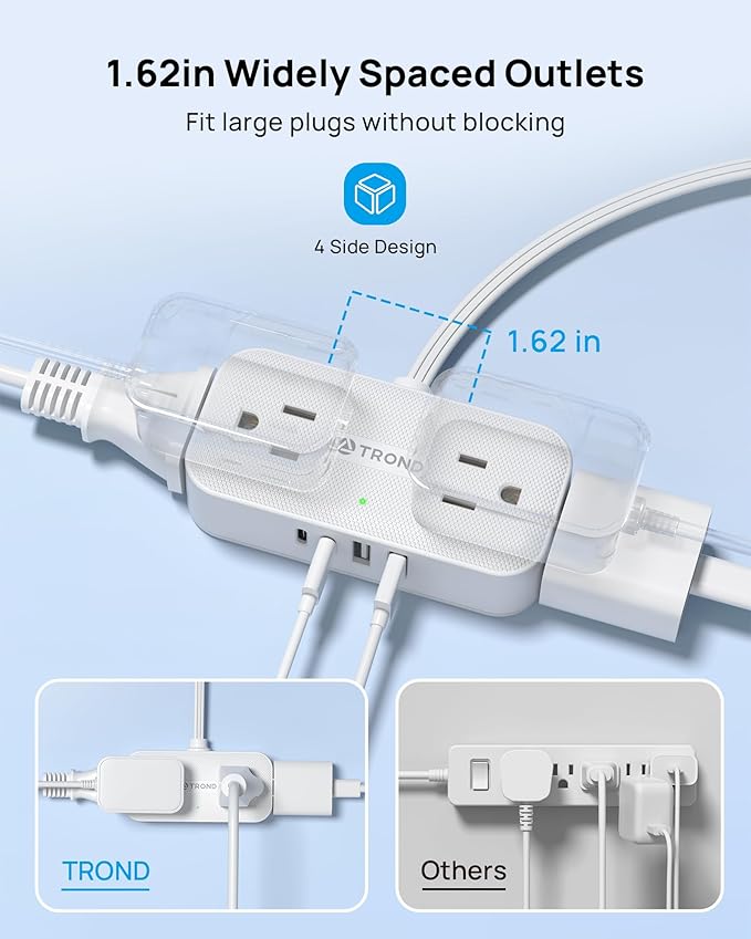 TROND Flat Plug Power Strip 5FT, Small Flat Extension Cord with Multiple Outlets, 4 AC and 4 USB Ports (2 USB C), Wall Mount 900J Surge Protector for Home Office Travel Dorm Room Essentials, White