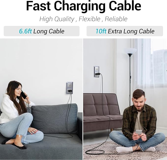 TT&C 25W Charger for Android, Super Fast Charging USB C Block & Type C Charge Cable Cord (6ft & 10ft) Compatible with Samsung Galaxy S26, S25, S24 Plus, S23, S22, & for iPhone 15/16/17-Black 2-Pack