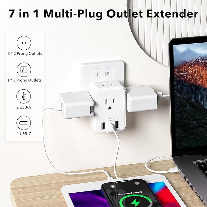 BN-LINK Multi Plug Outlet Extender 2 Pack, Outlet Splitter with 4 Outlet and 3 USB Ports (1 USB C), 4-Sided Multiple Plug Expander for Travel Kitchen Dorm Room Cruise Ship Essentials, White