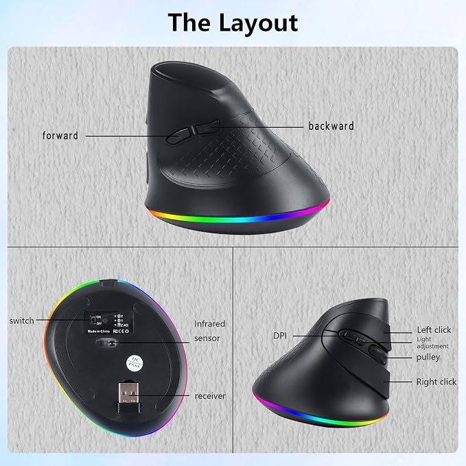 Wireless Mouse, Vertical Ergonomic Mouse 2.4G Bluetooth Dual Mode 3 DPI Rechargeable Connect Multiple Devices Vertical Mouse 6 Buttons and RGB Lights Suitable for PC Laptop Computer(Black)