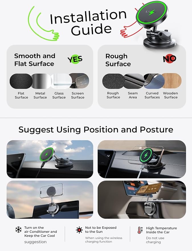 LISEN for 15W Magsafe Car Mount Charger, Magnetic Phone Holders for Your Car, Magnetic Wireless Car Charger, Suction Phone Mount for Car Accessories for iPhone 17 Pro Max 16 15 14 13 12, Pads & Mats
