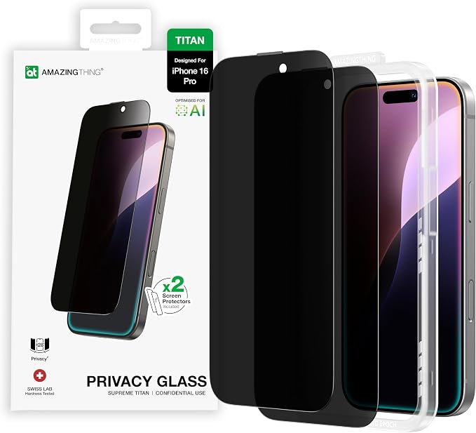 AMAZINGthing for iPhone 16 Pro [Titan - Privacy] Screen Protector, Anti Spy, 9H Tempered Glass, Built-in Dust Filter Full Coverage, Case‑Friendly, Oleophobic, Bubble‑Free Application, 2 Pack
