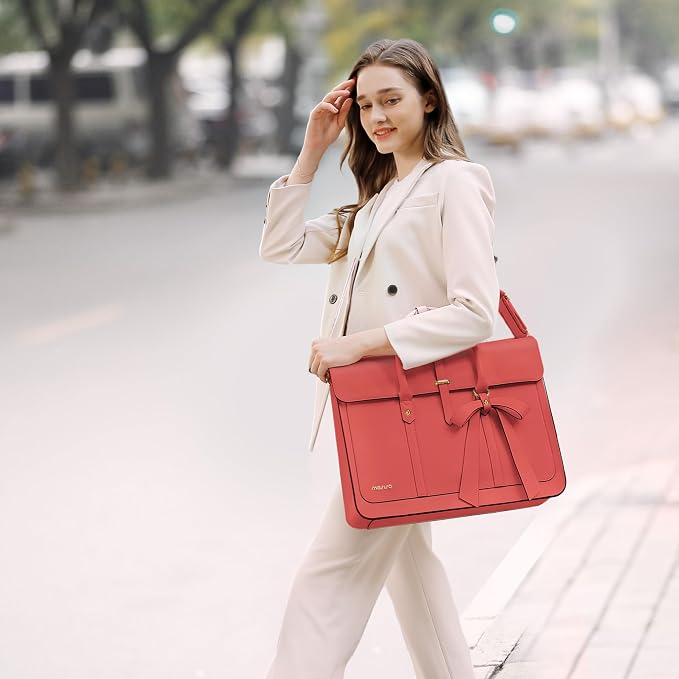 MOSISO Laptop Bag for Women, 15-15.6 inch PU Leather Laptop Shoulder Bags Convertible Backpack, 16 inch Messenger Bags Casual Handbag Work Briefcase Travel Computer Bag with Bowknot, Coral