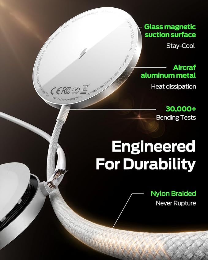 MOVESPEED for MagSafe Charger, Qi2.2 Certified 25W Magnetic Wireless Fast Charging Pad Compatible with iPhone 17/16/15/14/13/12 Series, AirPods Pro 4/3/2, Samsung Galaxy and More(White)