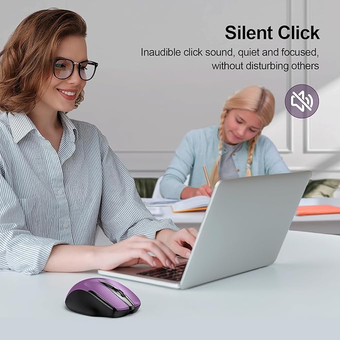TECKNET Wireless Mouse Rechargeable, 2.4G USB-A Silent Mouse, Quiet Click, 6 Adjustable 4800 DPI, Cordless Computer Mice, Ergonomic Mice for Laptop, 6 Buttons for Chromebook, Ergo Grip - Purple