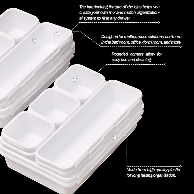Set of 22 Interlocking Desk Drawer Organizer Tray Dividers Plastic Shallow Narrow Drawers Organizers Separators Storage Bins Container for Kitchen Bathroom Makeup Office Vanity Bedroom Dresser White