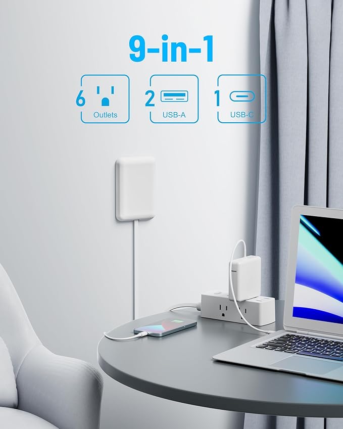 Olcorife Flat Extension Cord with Outlet Cover, Flat Plug Power Strip with 6 Outlets and 3 USB Ports, 2000 Joules Surge Protector, 5 FT Cord Hidden Outlet Extender for Tight Spaces (Pack of 2)