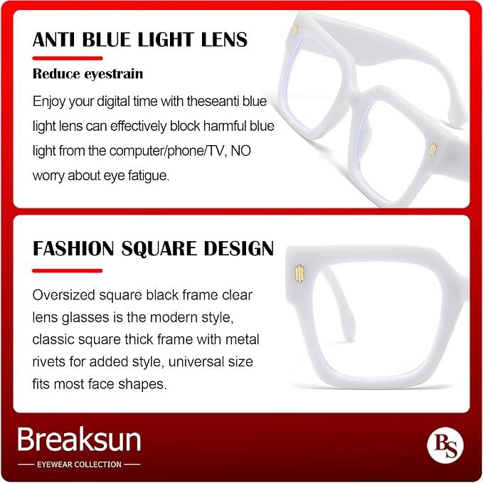 Breaksun Fashion Oversized Blue Light Blocking Glasses for Women Men Trendy Big Square Frame Computer Eyeglasses