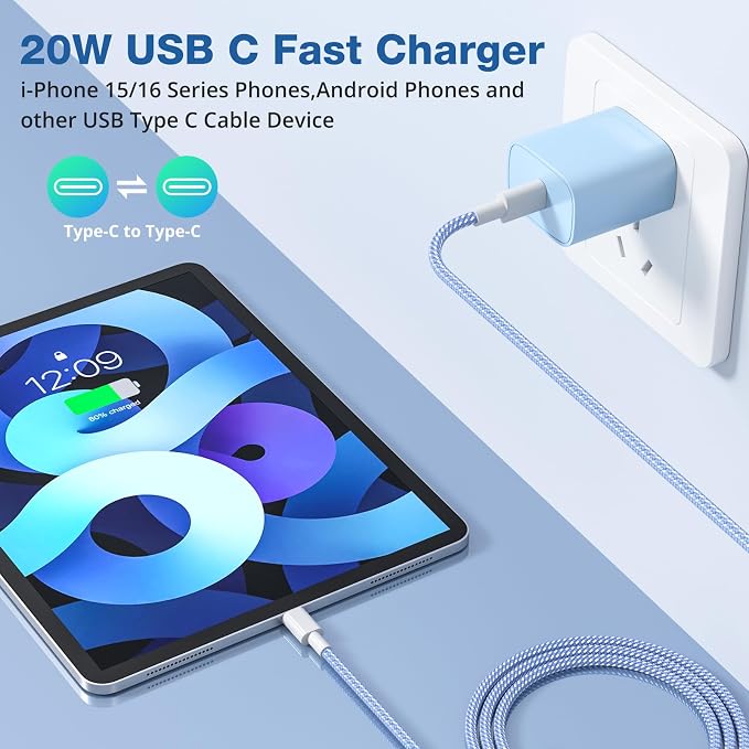 for iPhone 16 15 Charger Fast Charging [4 Pack] 20W USB C Wall Charger Block with 6FT USB C Charging Cable for iPhone 16 15 Pro Max/15 Pro/15/15 Plus,iPad Pro 12.9"/11",iPad Air