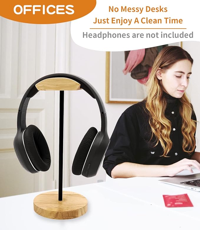 Headphone Stand Nature Wood & Metal Headset Hanger Mount Hook Gaming Holder Desktop Earphone Artful Functional Craftmanship Stand for All Headsets with Solid Wooden Base