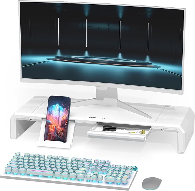 Heymaster Monitor Stand Riser with Drawer, Foldable & Adjustable Length Computer Stand with Phone & Tablet Holder, Space Saving Desk Organizer Shelf for Home Office, Laptop, Desktop