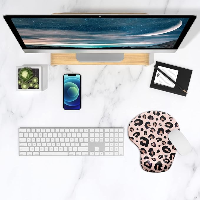 ITNRSIIET Ergonomic Mouse Pad with Gel Wrist Support Wrist Rest Smooth Surface Non-Slip PU Base Comfortable Office Supplies Pain Relief, 9.5 x 8 inches, Leopard Black Purple