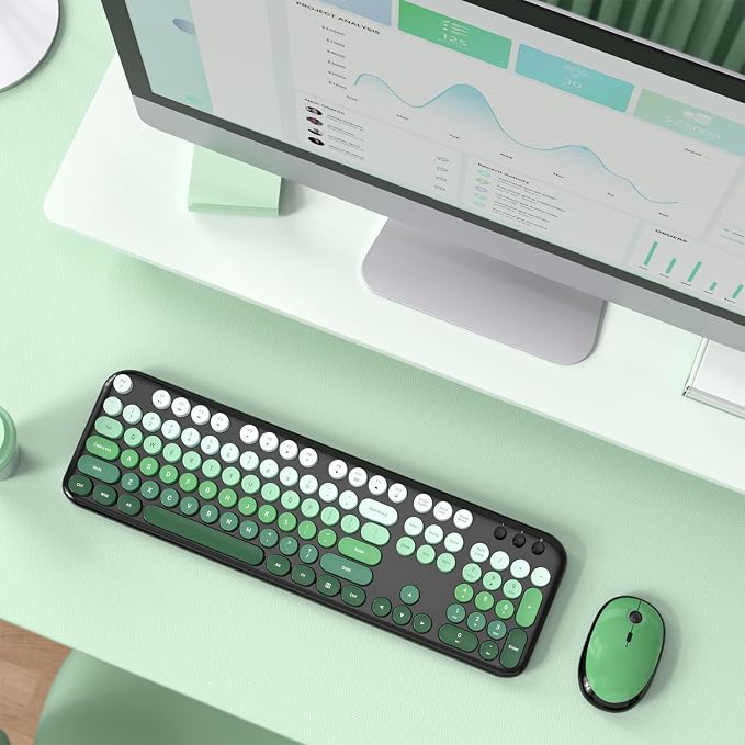 MOFII Wireless Keyboard and Mouse Combo, 2.4GHz Retro Typewriter Keyboard Full Size, Quiet Click Mouse, USB Receiver Plug and Play, for PC, Laptop, Desktop, Windows (Black Green Gradient)