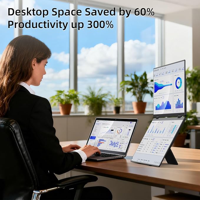 Dual Portable Monitors, 16"/1200P/FHD Foldable Laptop Screen Extender, All-Metal, Ultra Slim, Plug & Play, Extend/Mirror/Splicing/Flip Mode, USB-C/HDMI, Low Blue Light, Speakers, for Win/Mac