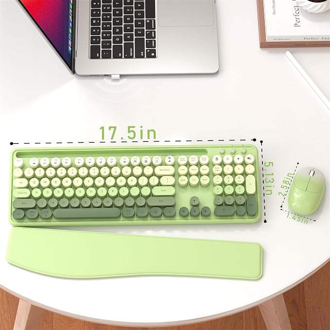 MPTOG Colorful Wireless Computer Keyboard and Mouse Combo with Phone Holder, Wrist Rest, Typewriter Keys, 2.4GHz Wireless, Full-Sized Optical Mouse for PC and Laptop(Green Colorful)