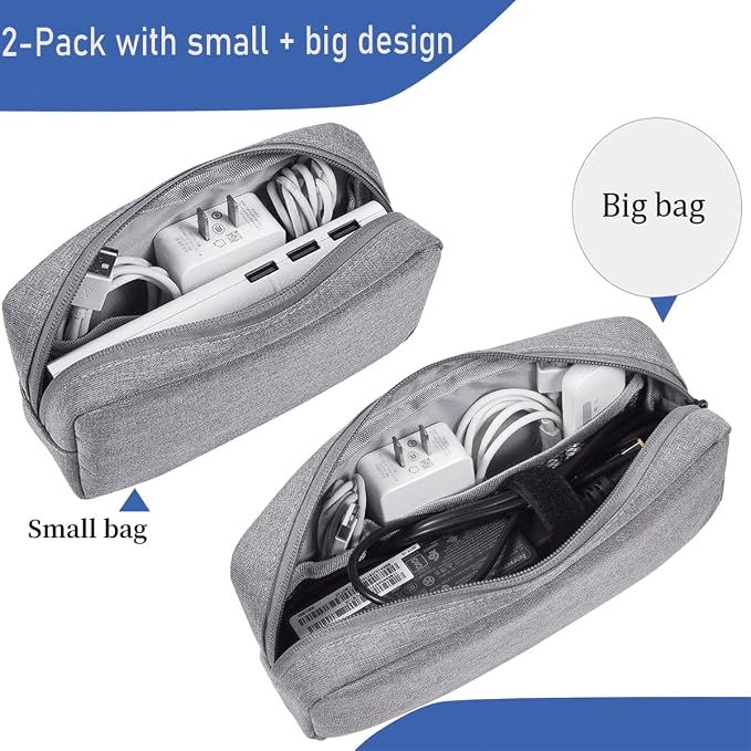 CAAORDKSO 2PCS Electronics Organizer Travel Case, Electronic Accessories Bag, Waterproof Accessories Storage Pouch for Power Bank, Cable, Cord, Charger, Mouse, Various Accessories (Small+Big-Gray)