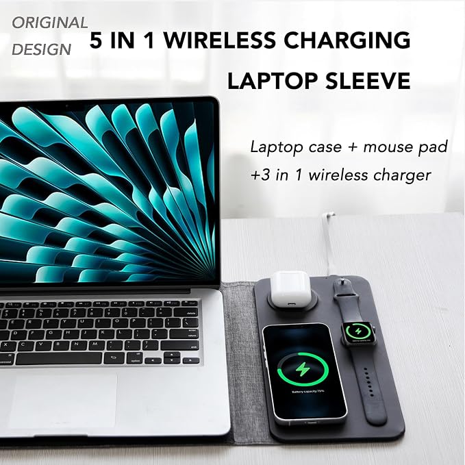 5-in-1 Laptop Sleeve with Wireless Charging for iPad MacBook Pro 12" 13" 14", Charge Mat for Phone Earbuds iWatch, Executive Office Organizer with Pocket, Waterproof Vegan Leather Case (Black)