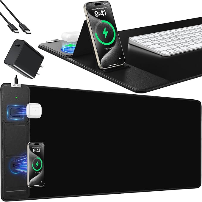 Mouse Pad with Foldable Phone Holder, Wireless Charging Desk Mat 31.5x15.75 Mousepad with Superior Micro-Weave Cloth Non-Slip Waterproof Desk Pad (Black with PD Adapter)