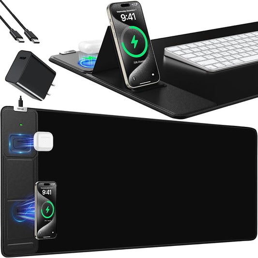 Mouse Pad with Foldable Phone Holder, Wireless Charging Desk Mat 31.5x15.75 Mousepad with Superior Micro-Weave Cloth Non-Slip Waterproof Desk Pad (Black with PD Adapter)