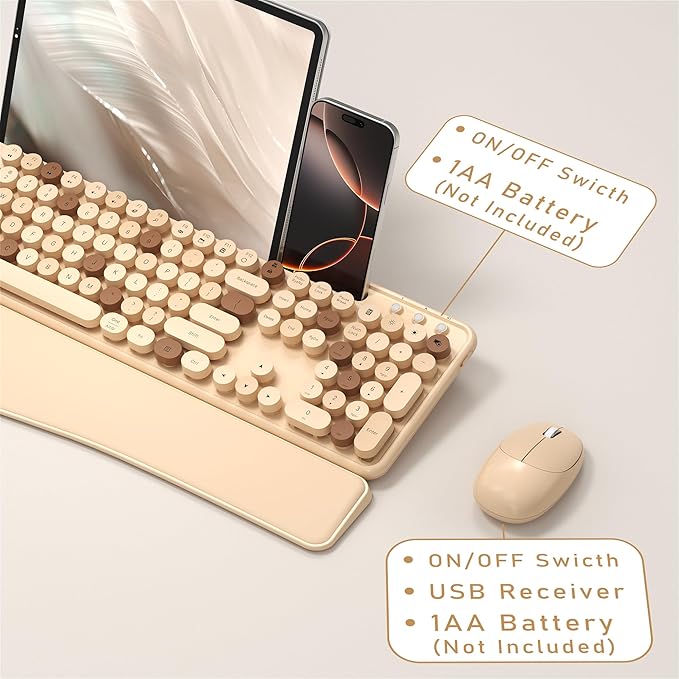 MPTOG Colorful Wireless Computer Keyboard and Mouse Combo with Phone Holder, Wrist Rest, Typewriter Keys, 2.4GHz Wireless, Full-Sized Optical Mouse for PC and Laptop (Milk Tea)