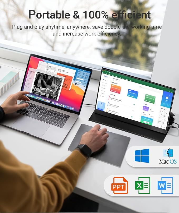 Ingnok Portable Monitor, 15.6inch FHD 1080P Travel Monitor, Ultra-Thin, USB-C Plug&Play, Built-in Speakers, Portable Screen for Laptop, Mac, Switch/PS5, Travel&Office Assistant