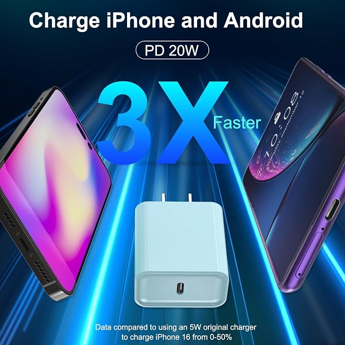 iPhone 17 16 15 Charger Fast Charging, 3 Pack PD 20W USB C Charger with 10FT Cord, USB C Cable Type C Chargers Block for iPhone 17/17 Pro/17 Pro Max/16/16 Plus/16 Pro/16 Pro Max/15/15 Pro（Blue）