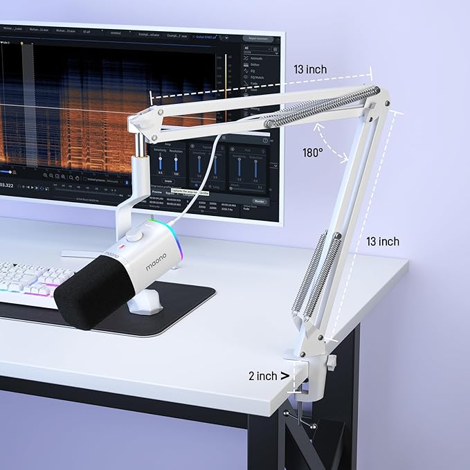 MAONO XLR/USB Gaming Microphone for PC, Dynamic Computer Mic for Streaming Podcasting, Noise Reduction, Mute, Volume Control, RGB Boom Mic for Vocal Recording,Voice-Over, PD100XS White